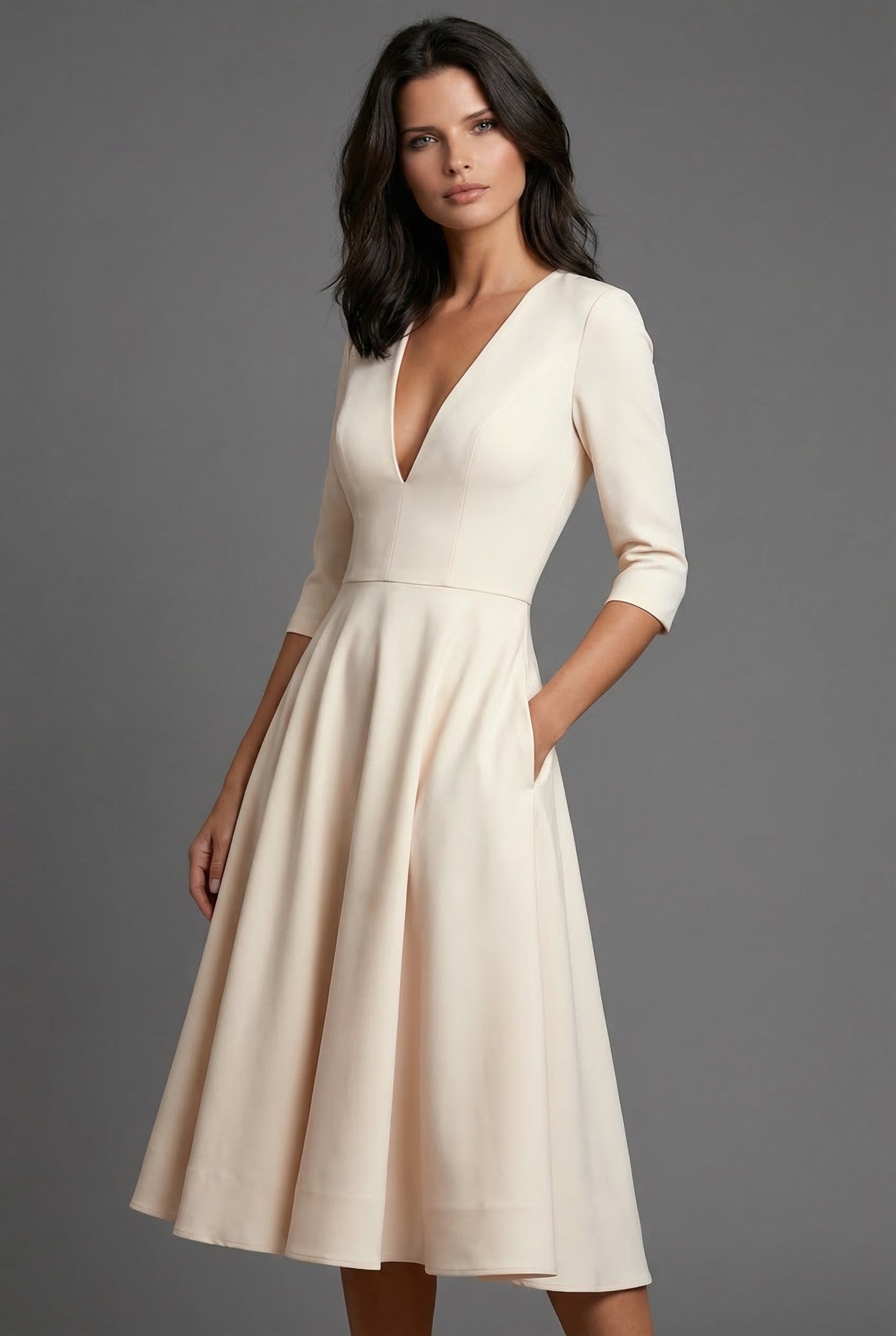 Women’s Elegant White Wedding Guest A-Line Flared Midi Dress