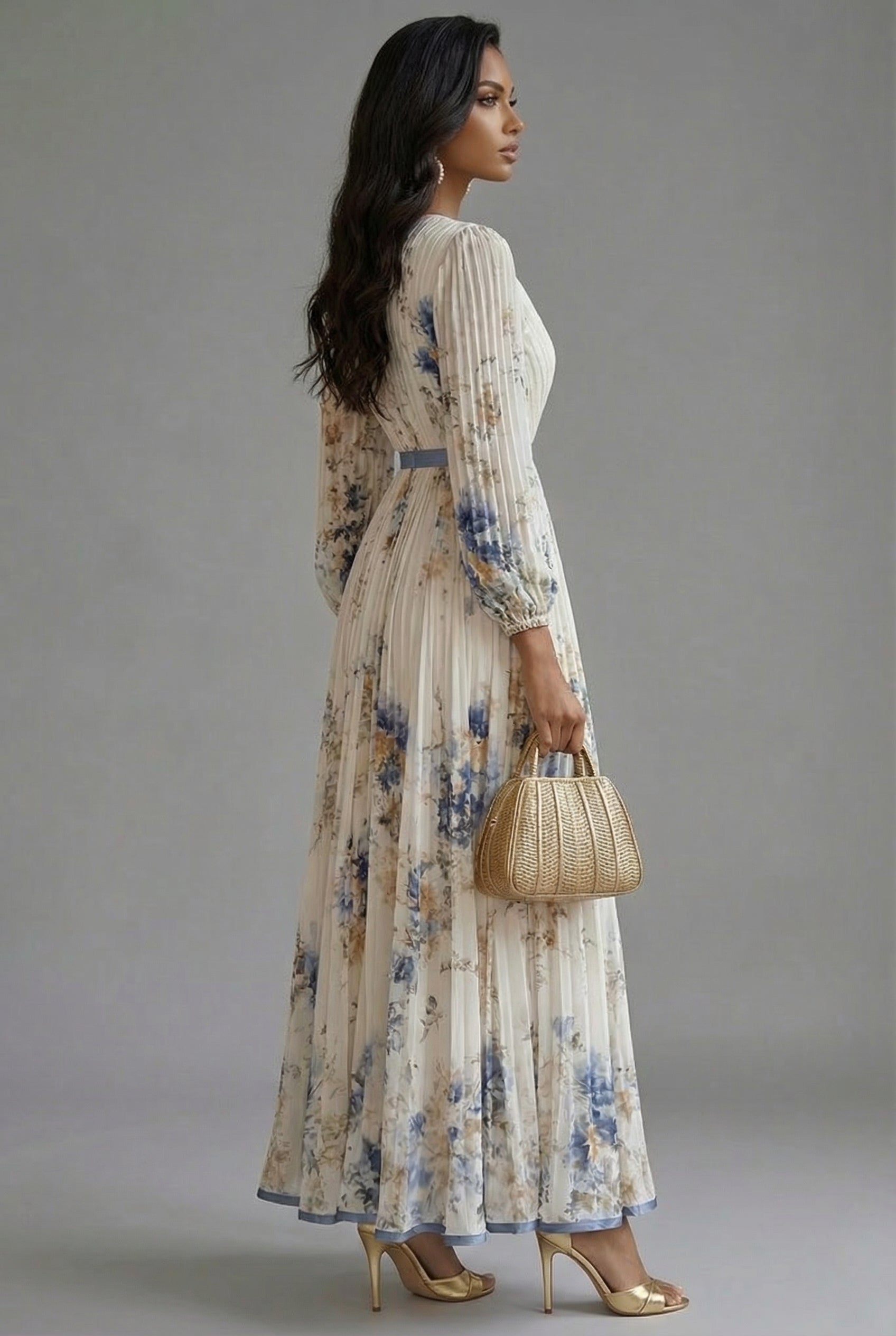 Ascot Floral V-Neck Long Sleeve Maxi Dress