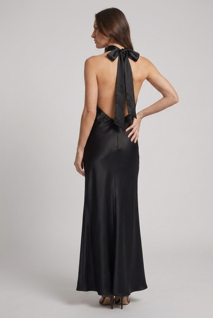 Satin Style Elegant Halterneck Maxi Wedding Guest Dress