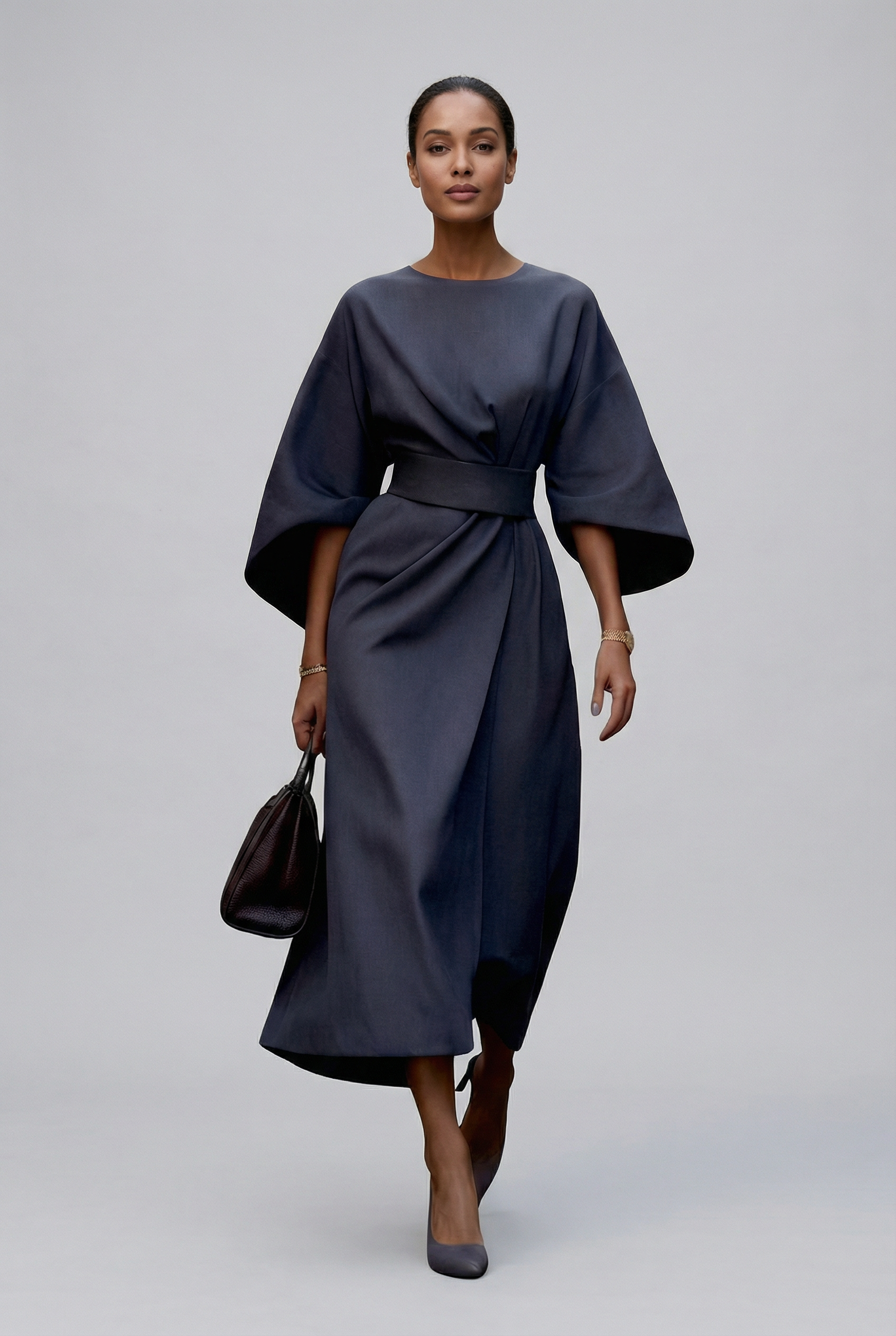 Women's Modern Midi Dress with Lantern Sleeves and Belt