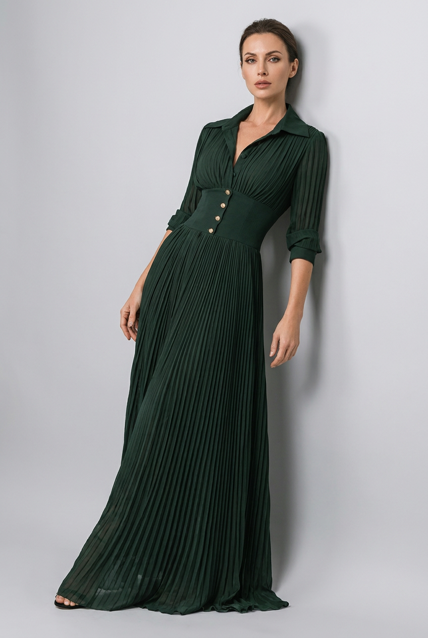 Dark Green Corset Waist Long Sleeve Pleated Maxi Dress