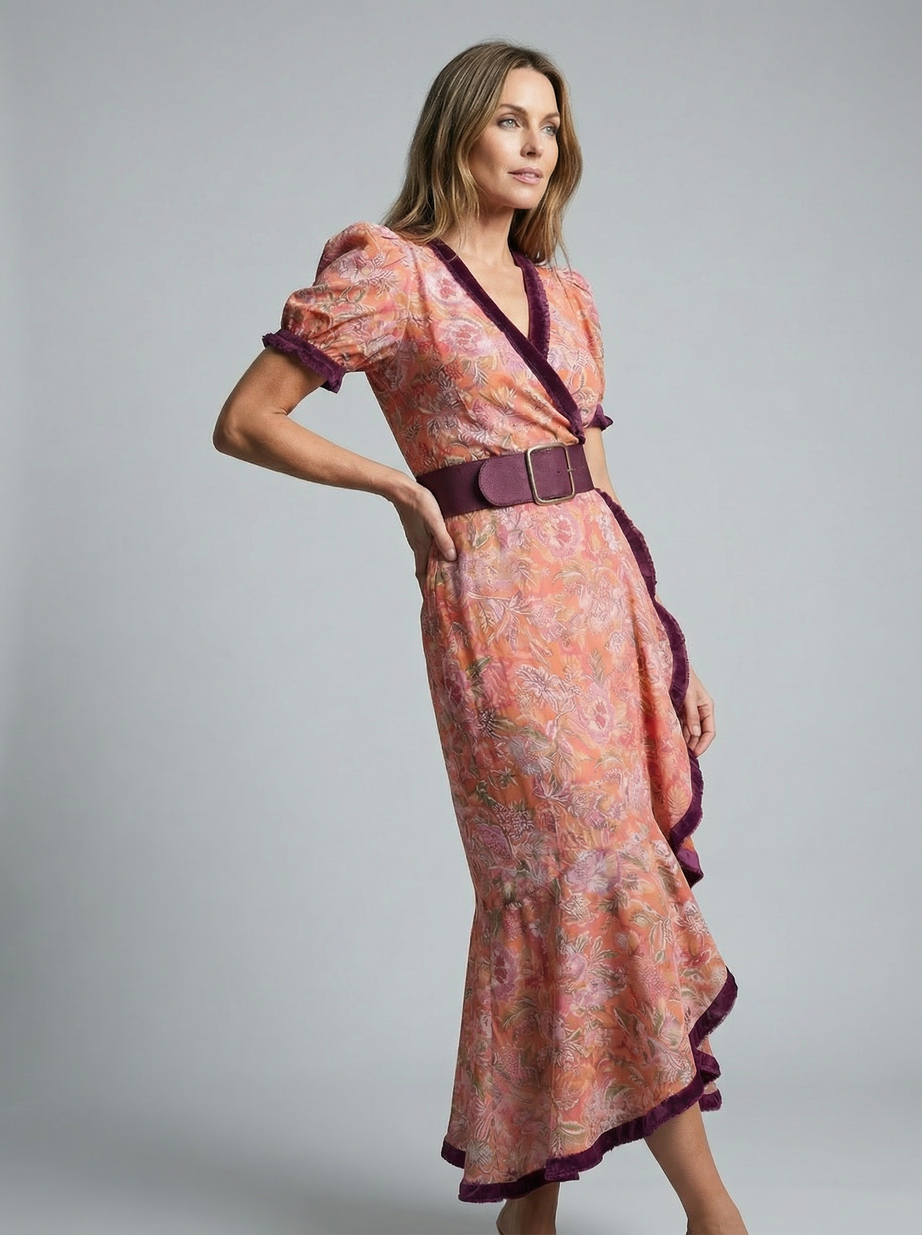 Women’s Belted Elegant  Pink A-Line Midi Dress Puff Sleeves