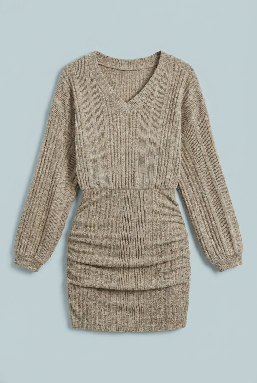 Women's V-Neck Ribbed Knit Bodycon Mini Dress