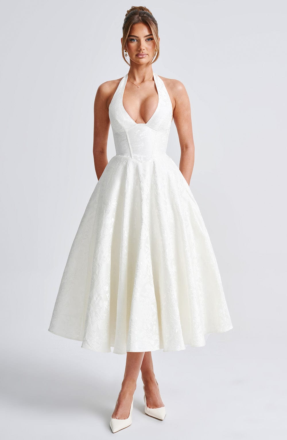 Halter Plunge V Neck Fit Flare Occasion Midi Dress