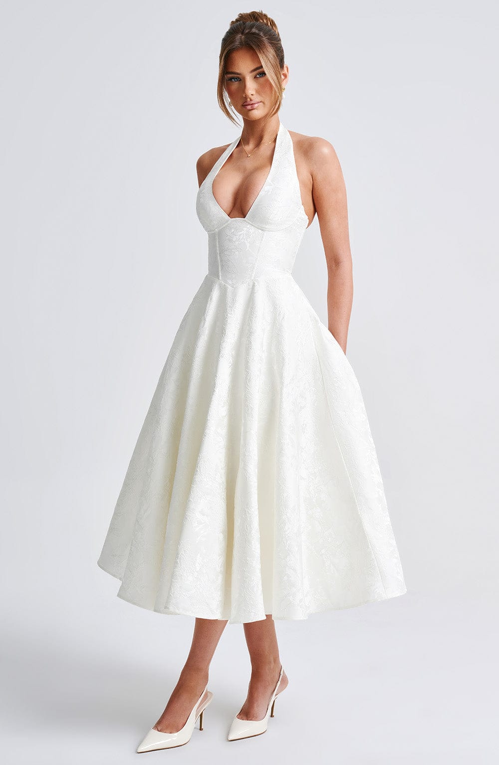 Halter Plunge V Neck Fit Flare Occasion Midi Dress