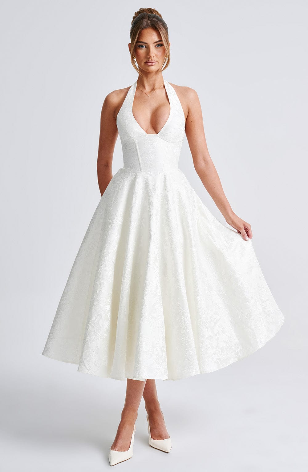 Halter Plunge V Neck Fit Flare Occasion Midi Dress