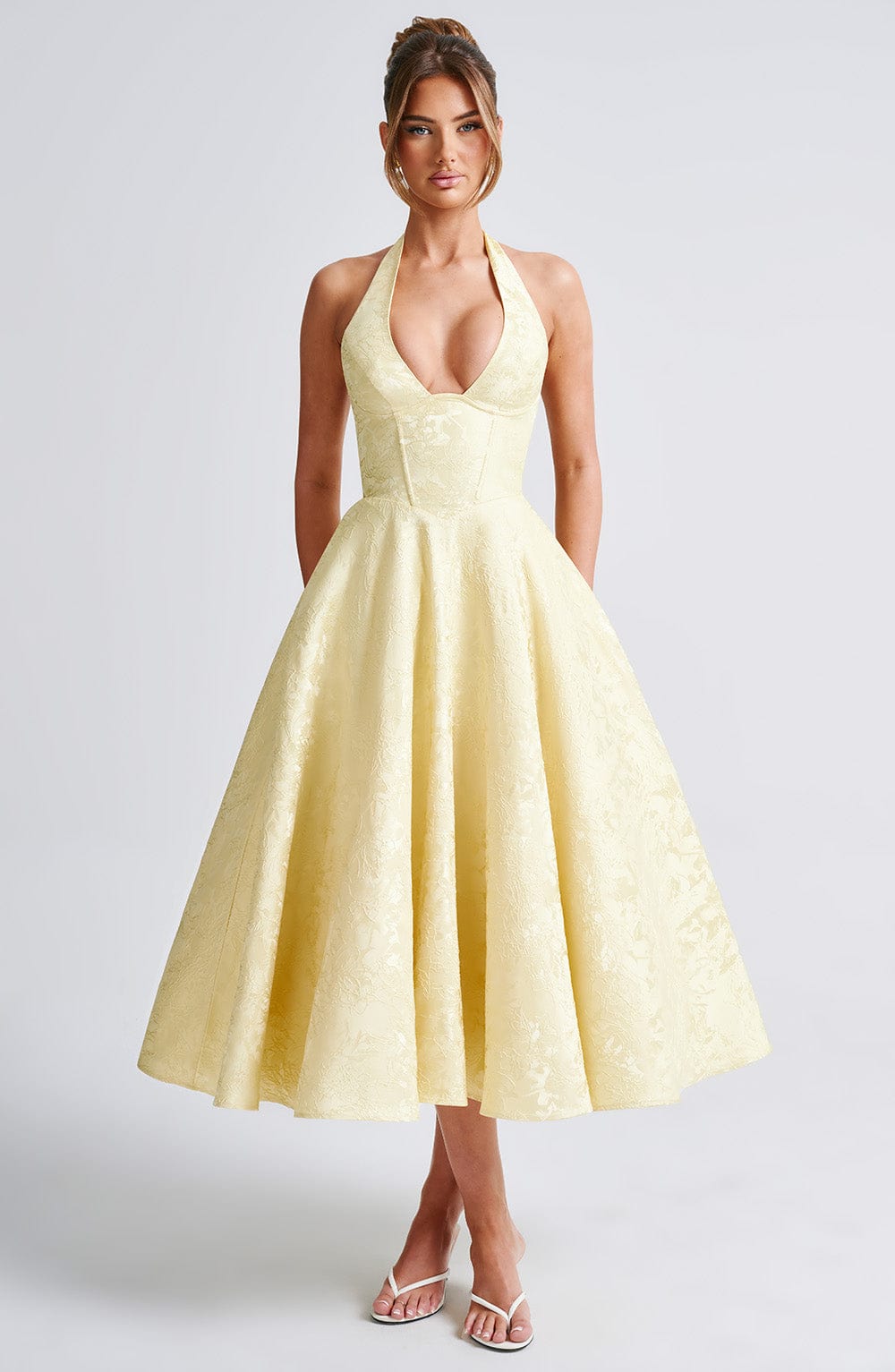 Halter Plunge V Neck Fit Flare Occasion Midi Dress