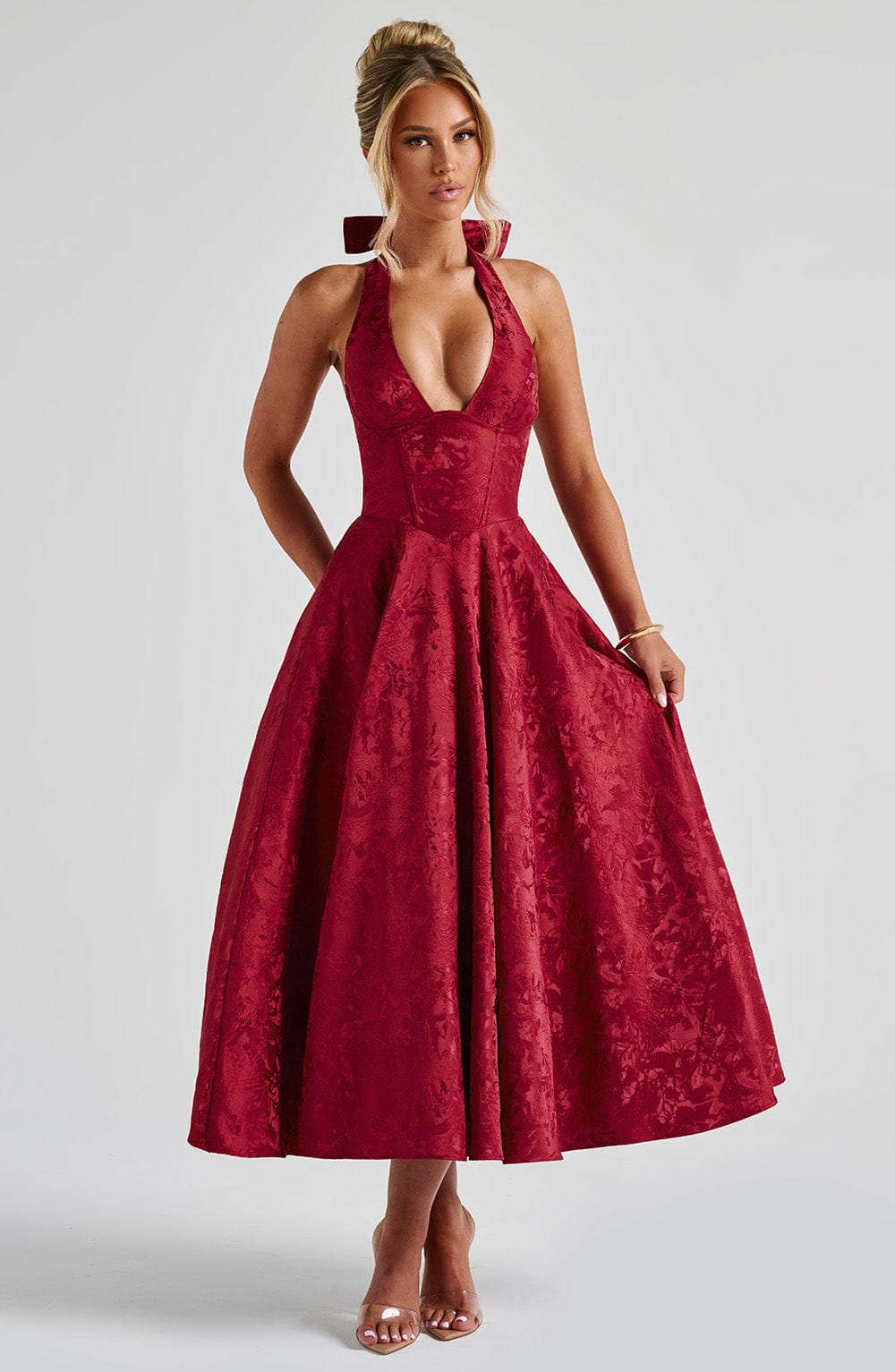 Halter Plunge V Neck Fit Flare Occasion Midi Dress