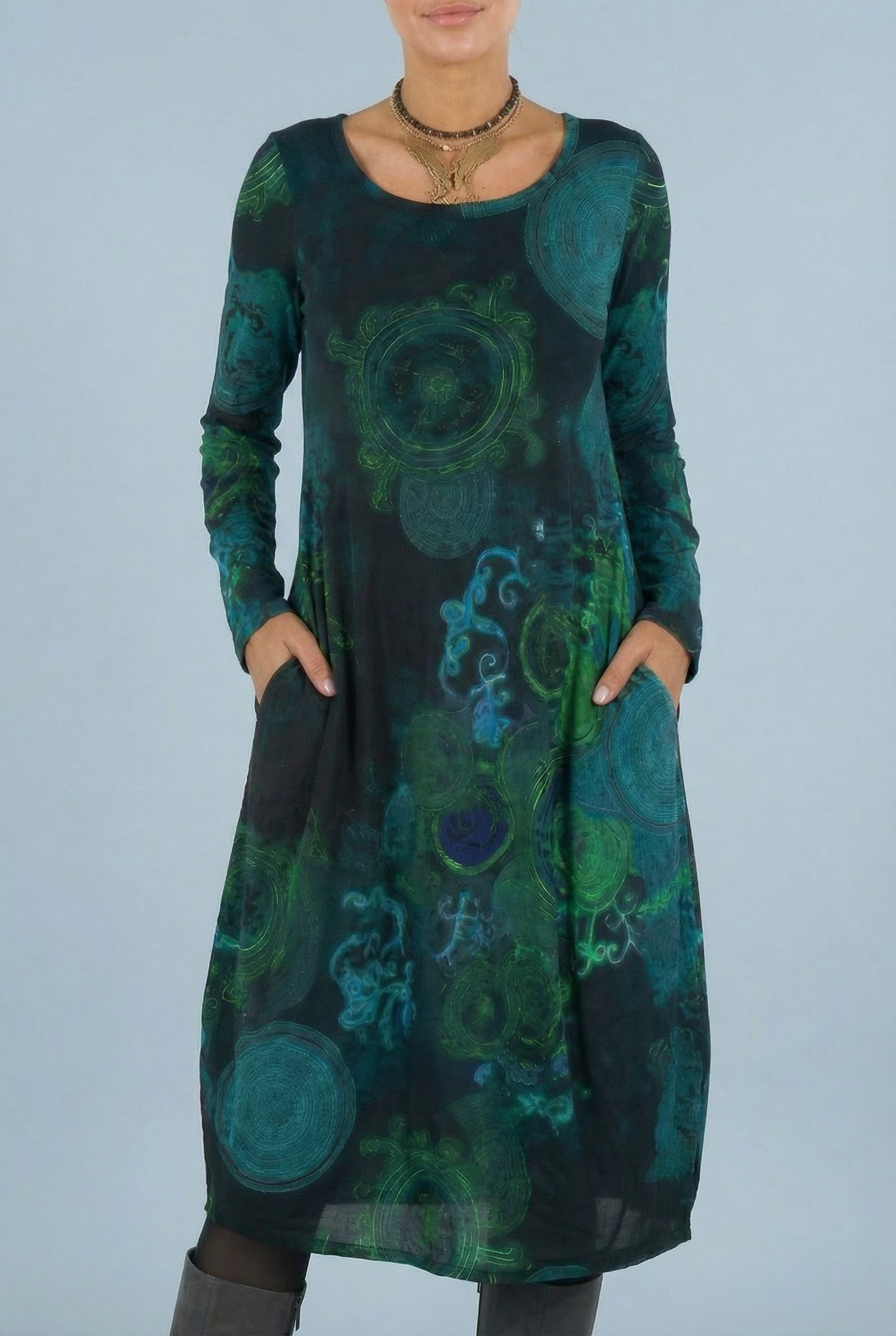 Women’s Modest Midi Boho Dress Long Sleeve Casual Style Comfortable Fit with Pockets