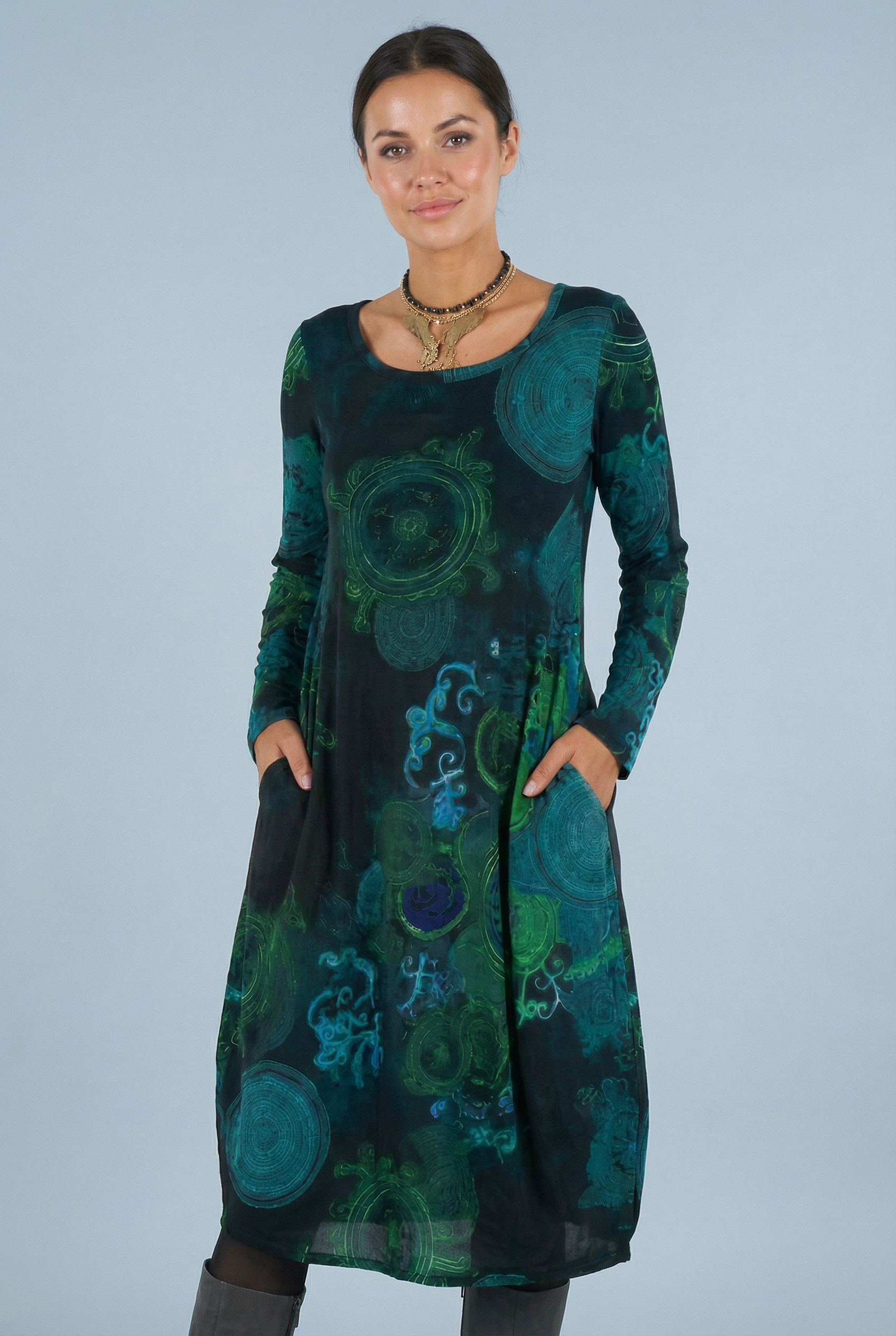 Women’s Modest Midi Boho Dress Long Sleeve Casual Style Comfortable Fit with Pockets