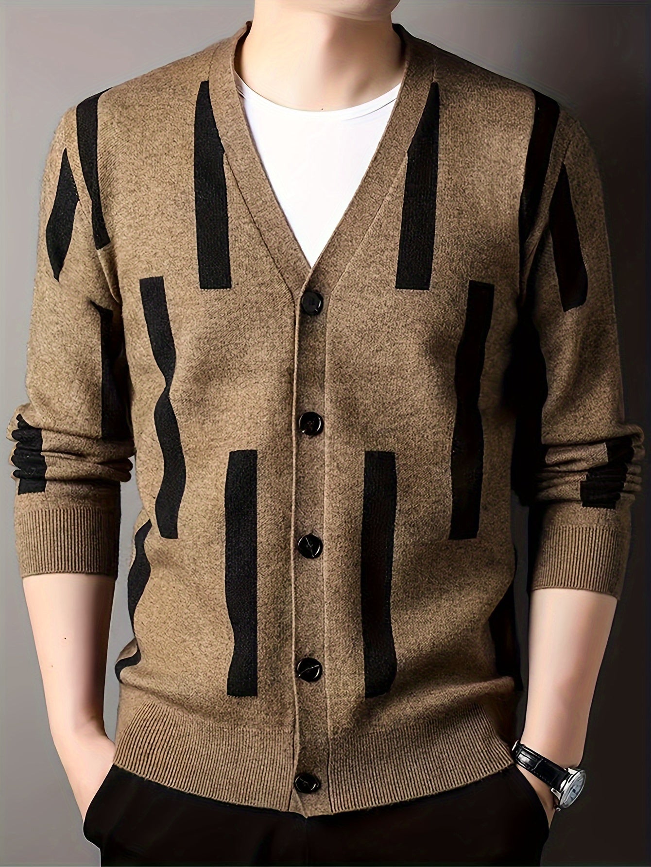 [2024 Men's V-Neck Sweater] 2024 Men's Casual V-Neck Cardigan Sweater | Striped Button-Front Design, Stretchy Knit Fabric, All-Season Comfort, Regular Fit Long Sleeve | Vneck Design, Durable Comfort, Textured Knitwear