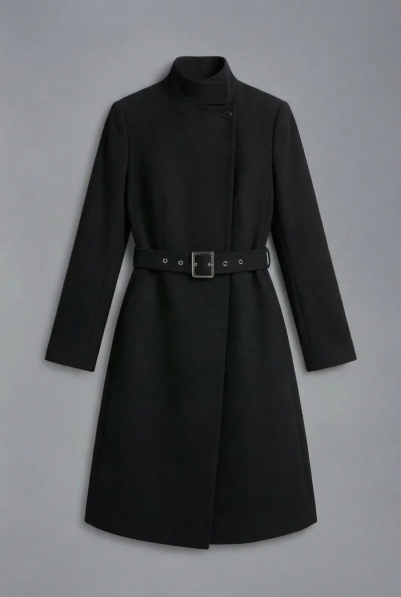 Women's High Neck Asymmetric Front Belted Midi Dress