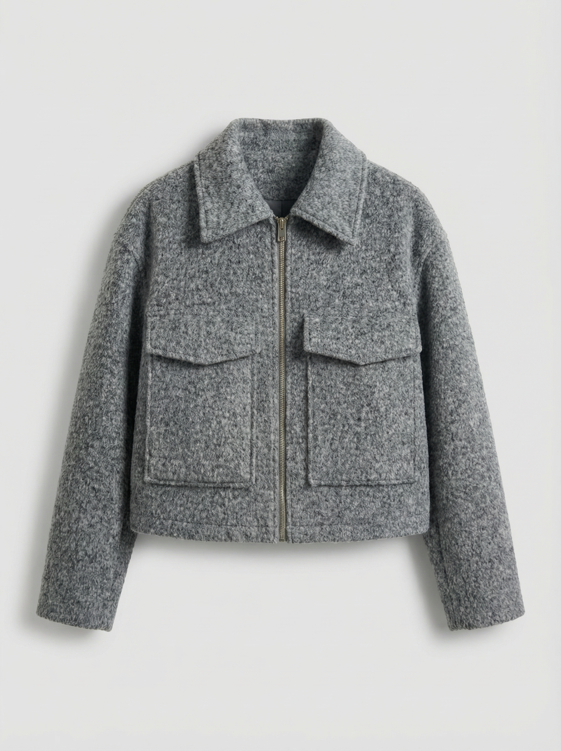 Women’s Gray Cropped Big Front Pocket Wool Blend Zip Jacket