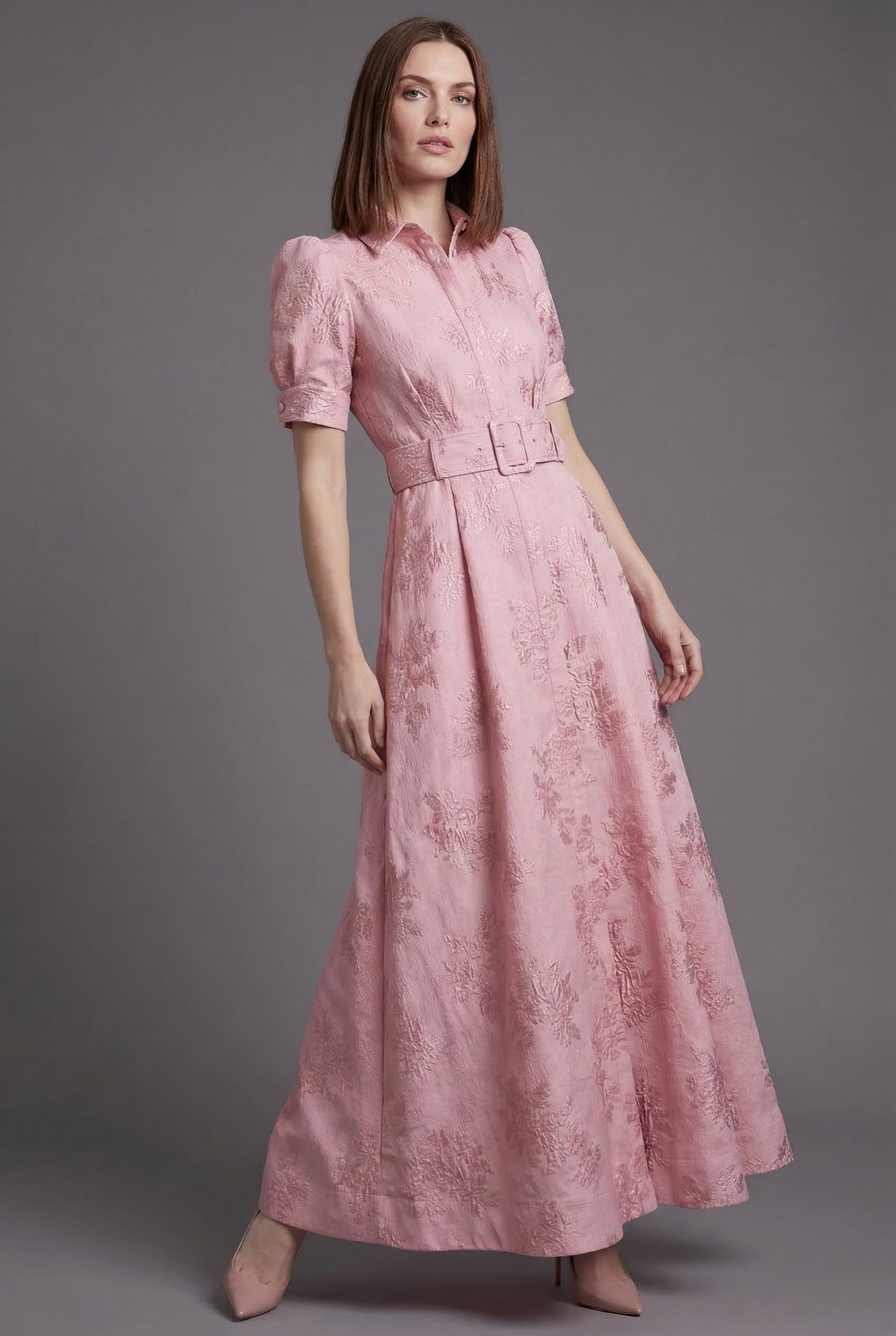 Women’s Elegant Short Puff Sleeves Pink Ascot Maxi Dress