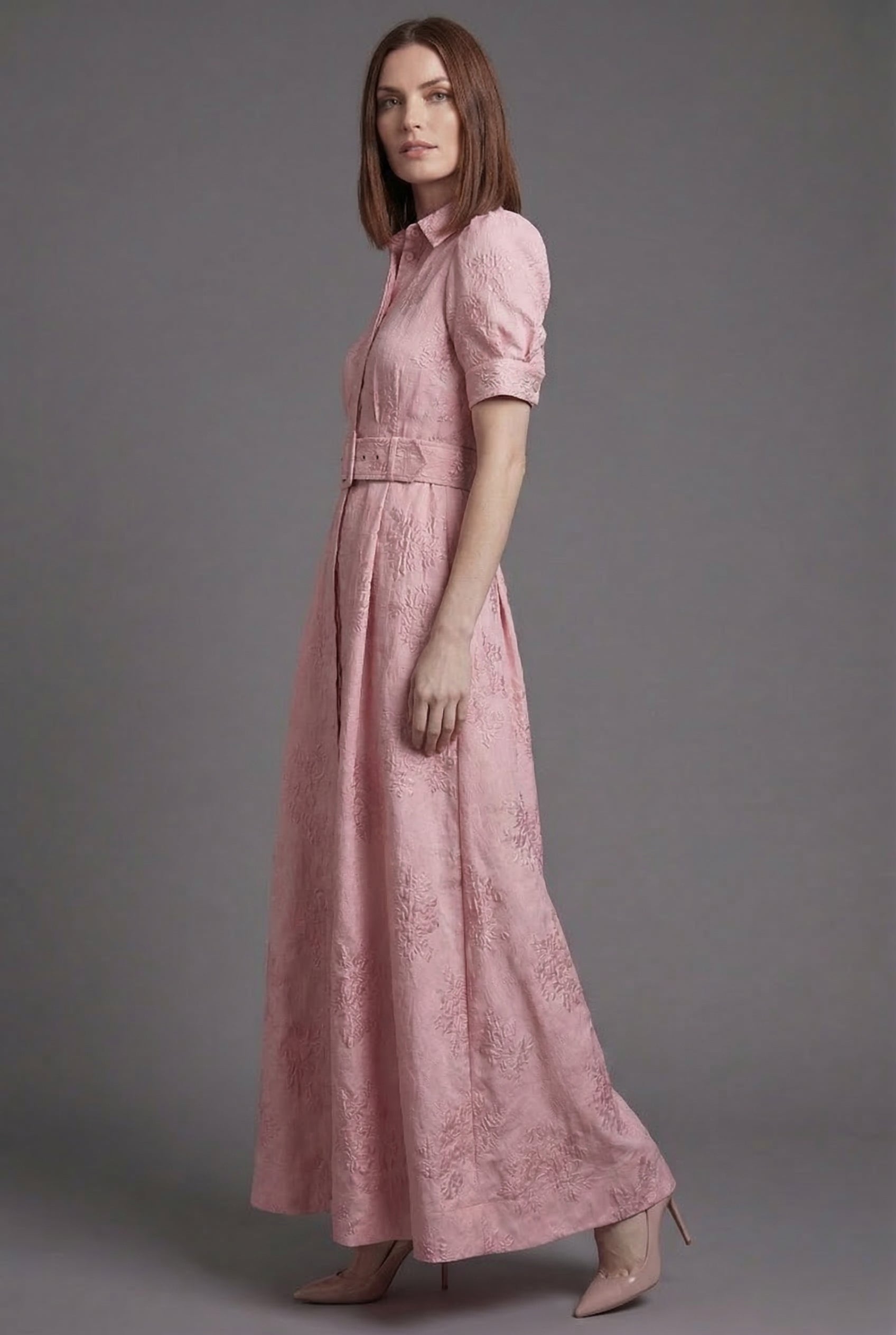 Women’s Elegant Short Puff Sleeves Pink Ascot Maxi Dress
