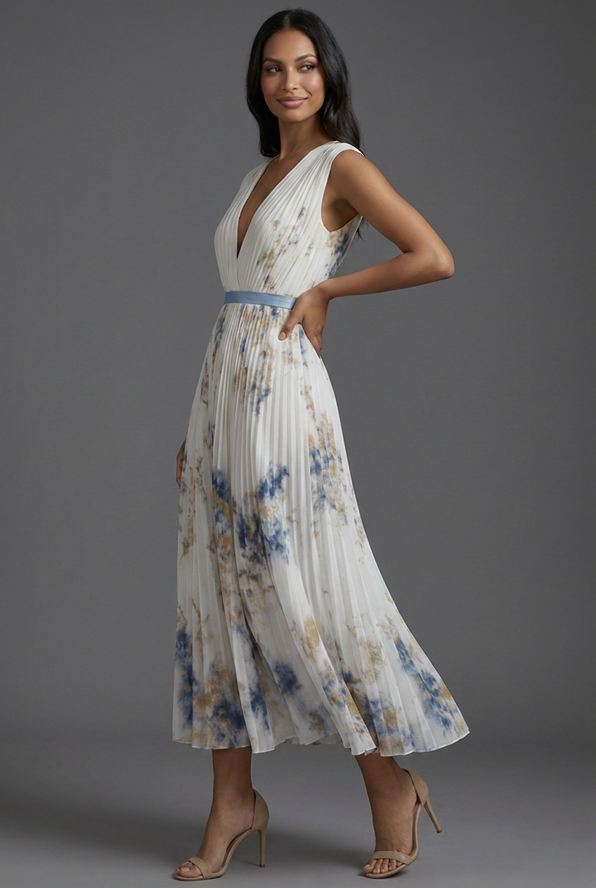 V-Neck Pleated Floral Ascot Midi Wedding Guest Dress