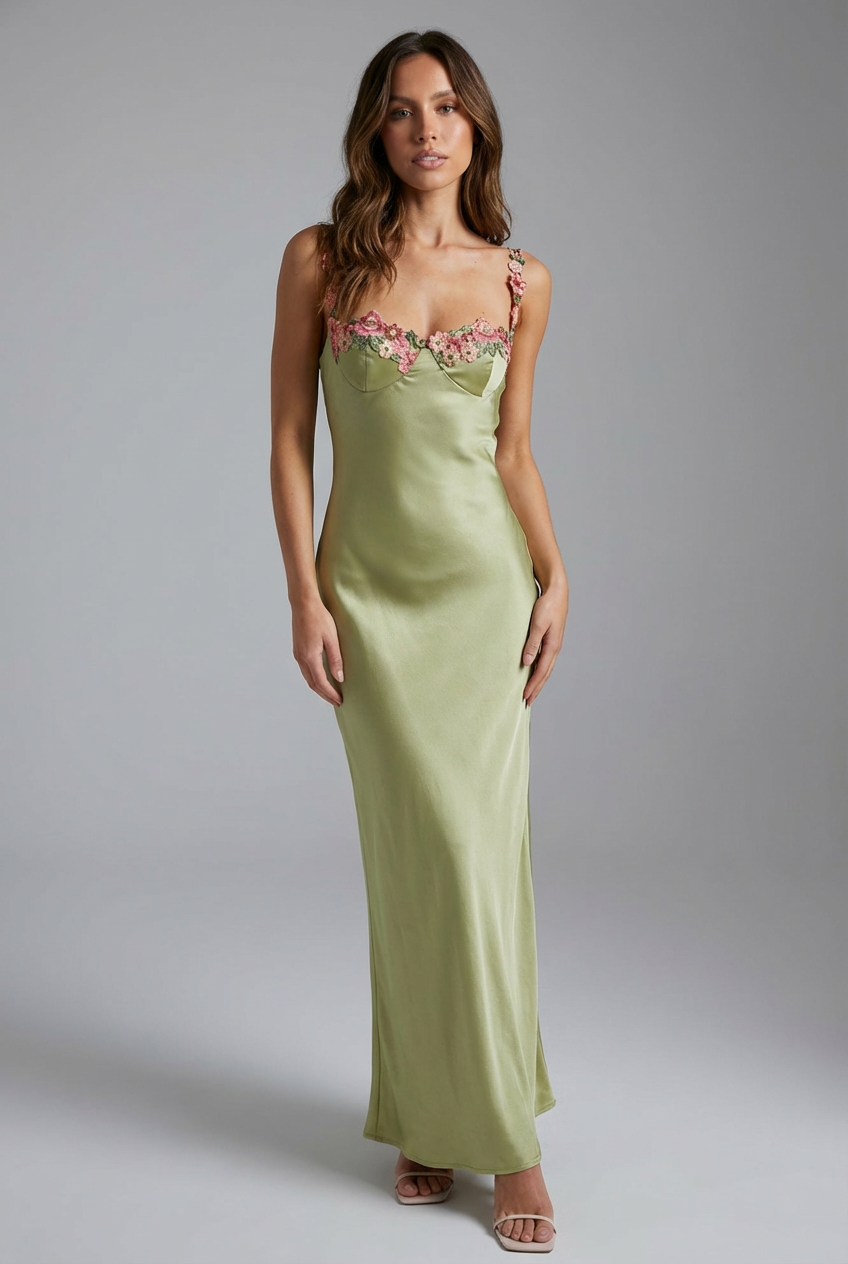 Women’s Lime Green Satin Sleeveless Floral Embroidered Maxi Dress