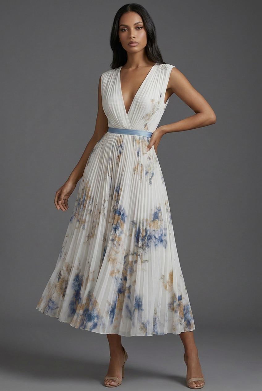 V-Neck Pleated Floral Ascot Midi Wedding Guest Dress