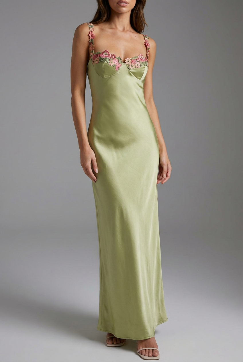 Women’s Lime Green Satin Sleeveless Floral Embroidered Maxi Dress