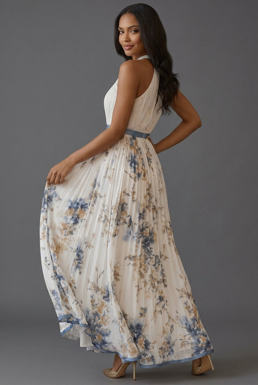 Halterneck Pleated Floral Maxi Wedding Guest Dress