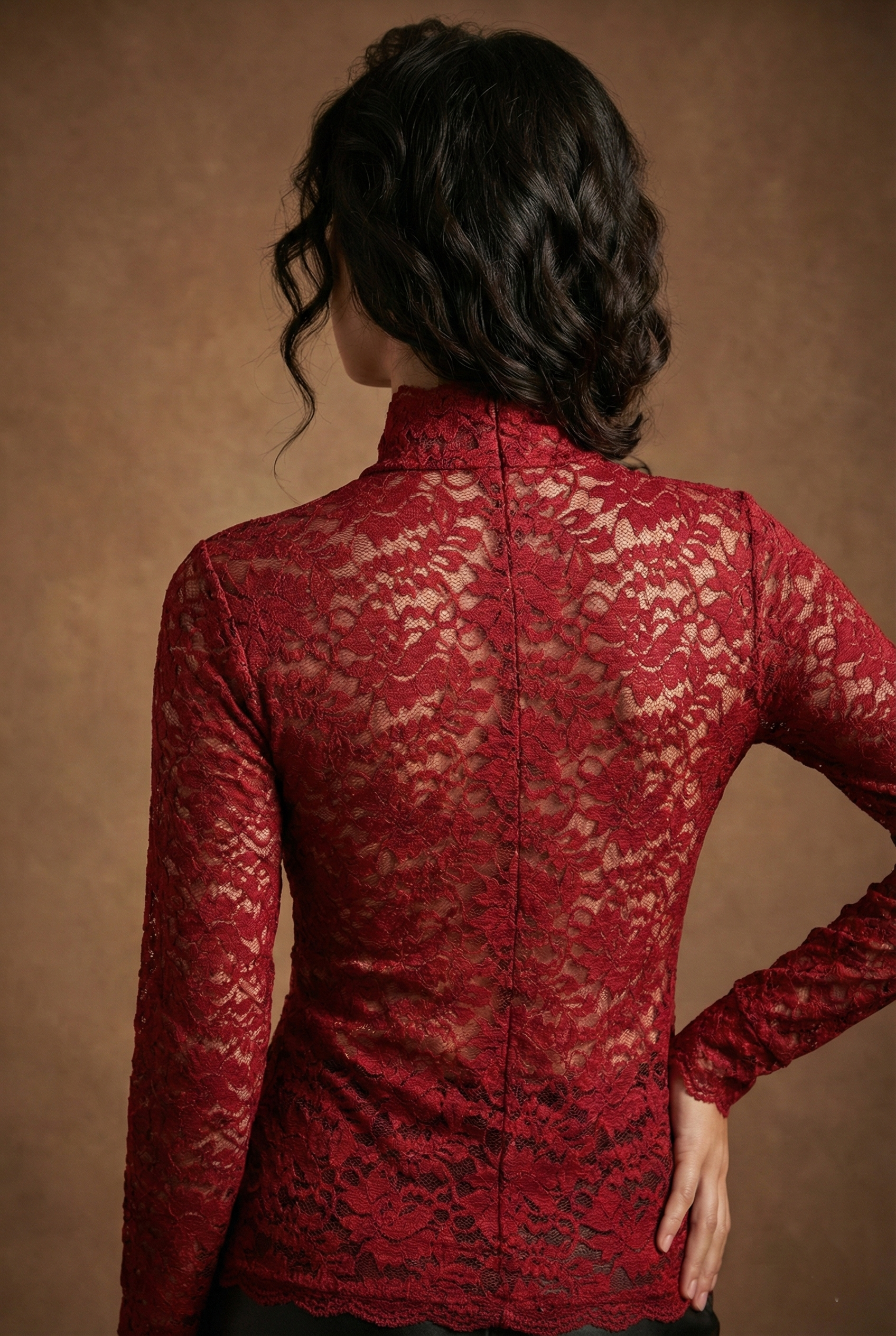 Women’s Tailored High-Neck Long Sleeve Floral Lace Blouse