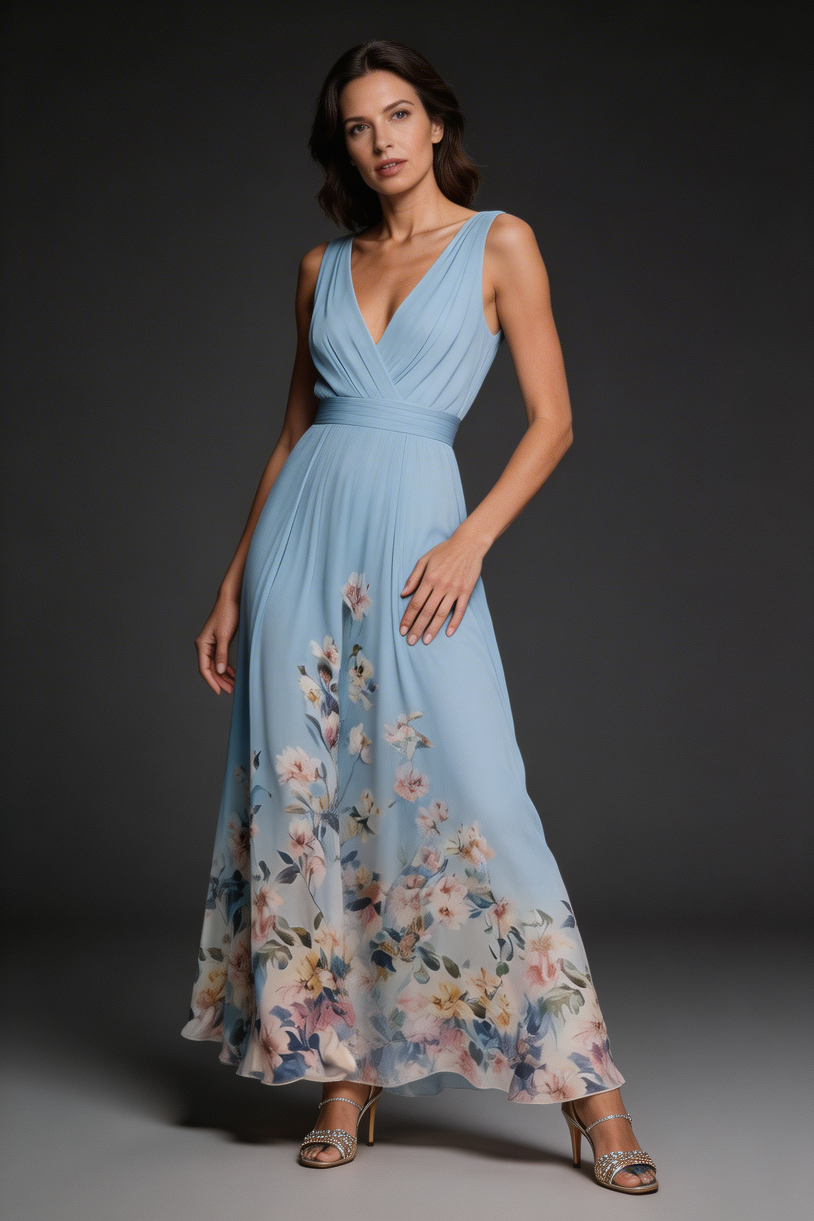 Ascot Floral V-Neck Chiffon Style Maxi Dress