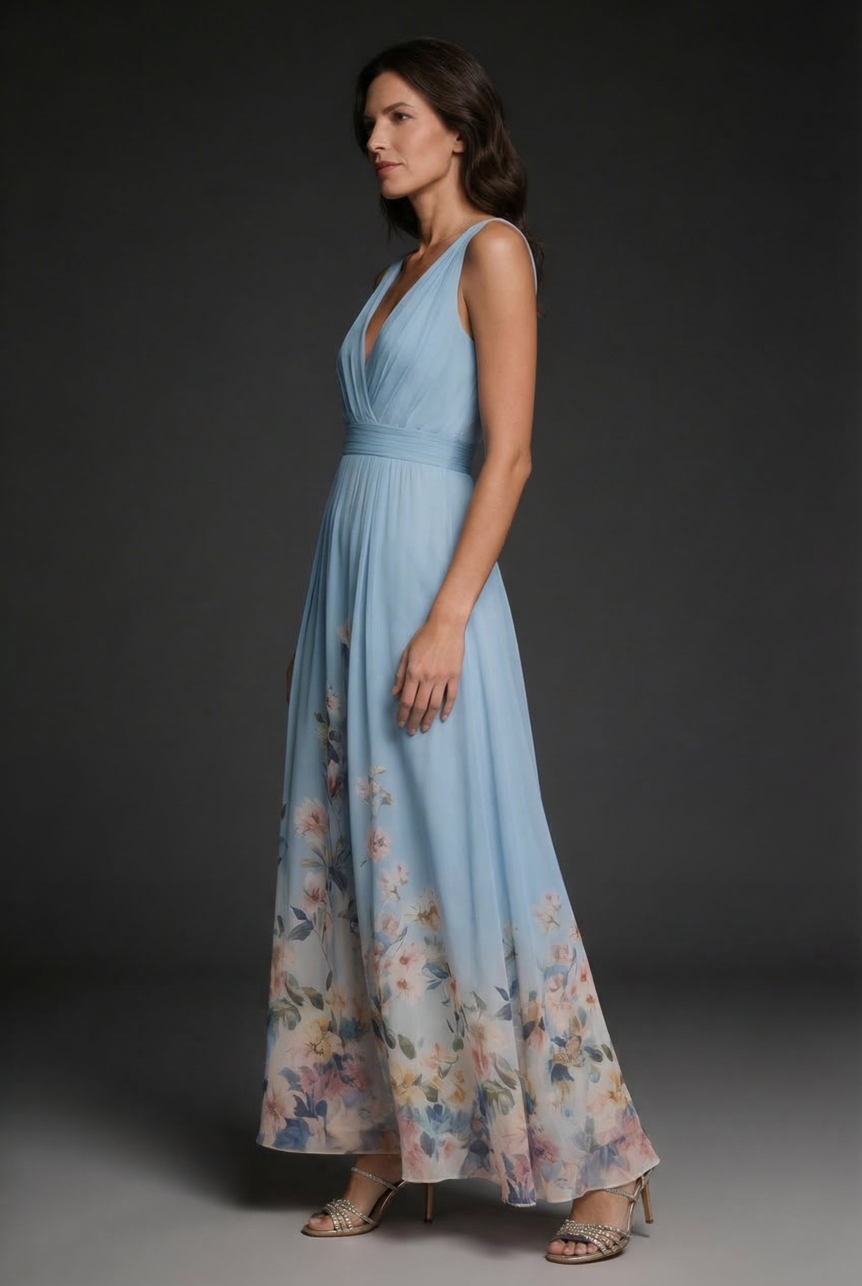 Ascot Floral V-Neck Chiffon Style Maxi Dress