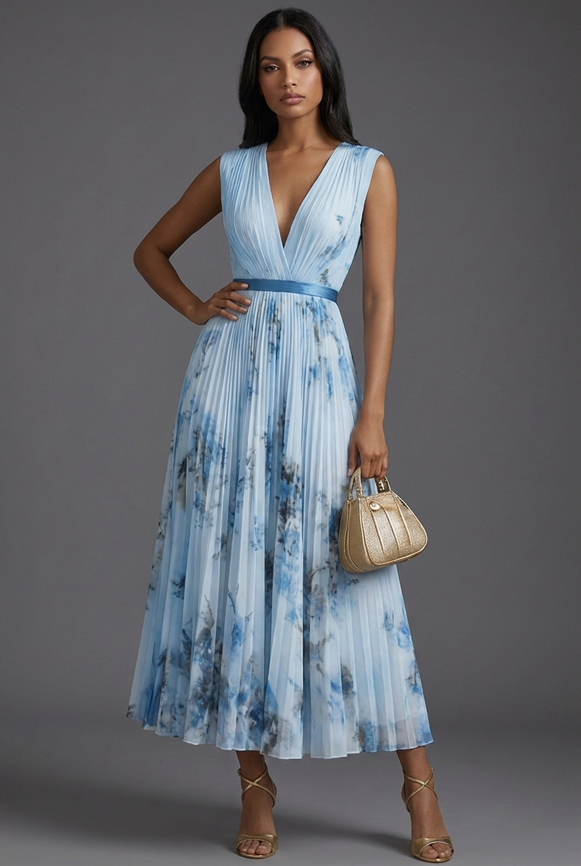 V-Neck Pleated Floral Ascot Midi Wedding Guest Dress