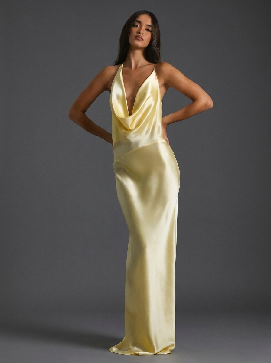 Butter Yellow Satin Style Maxi Dress Cowl Neck Open Back