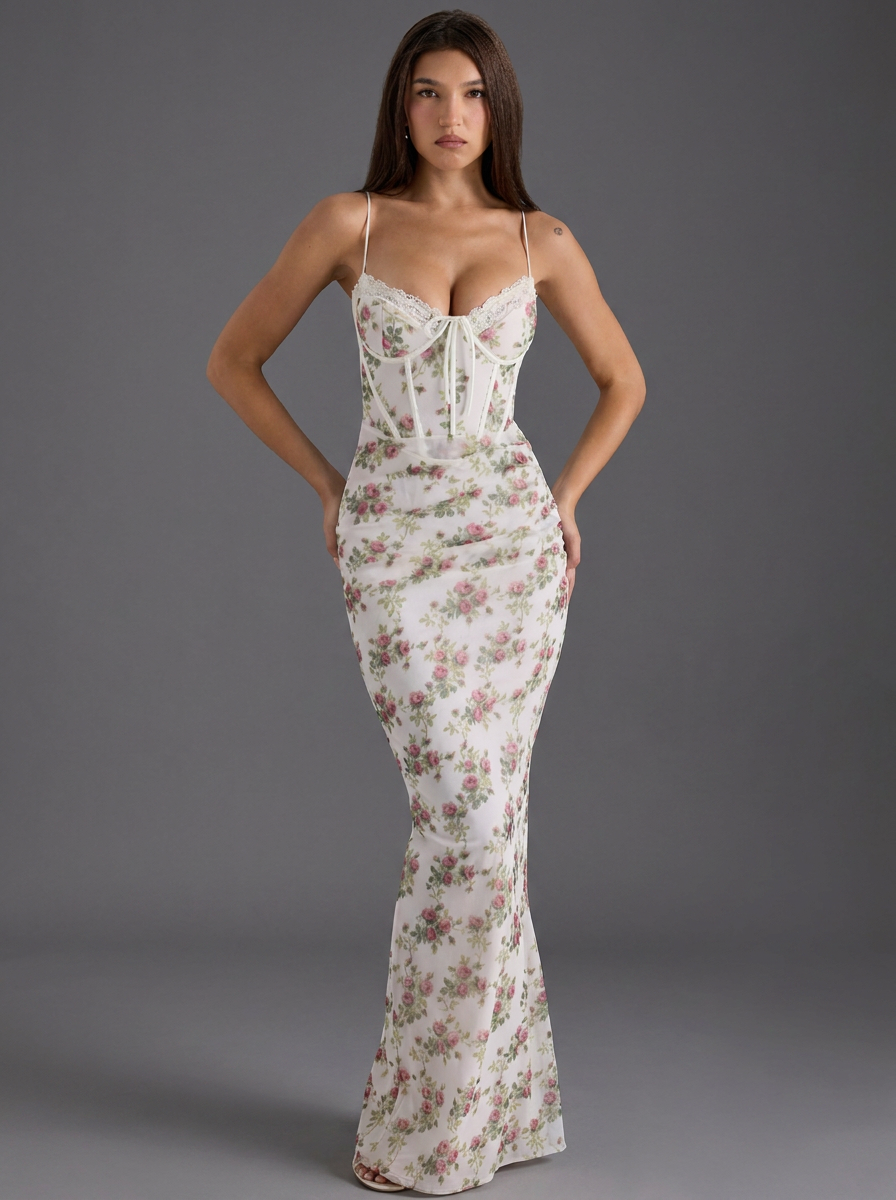 Floral Strappy Corset Occasion Maxi Dress
