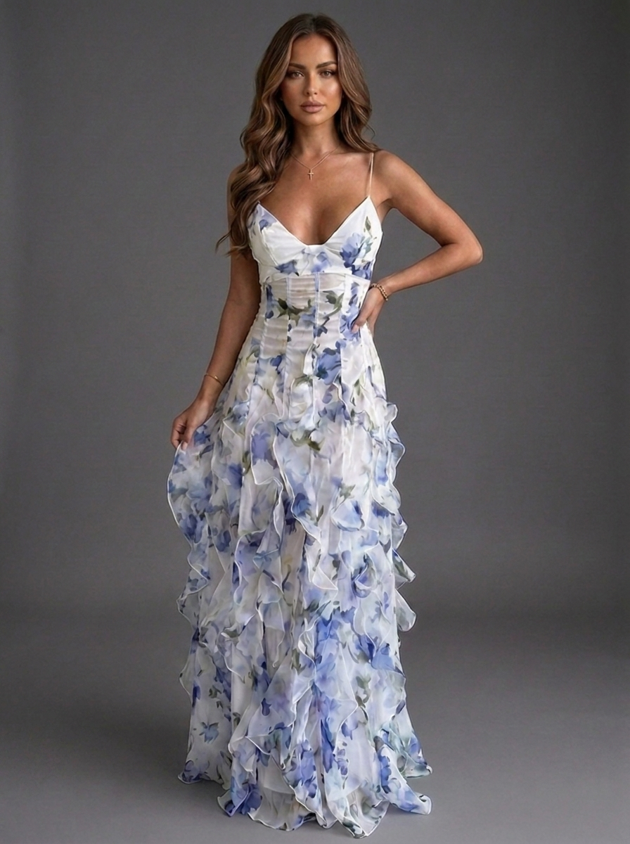 Floral Strappy Ruffle Tiered Occasion Maxi Dress