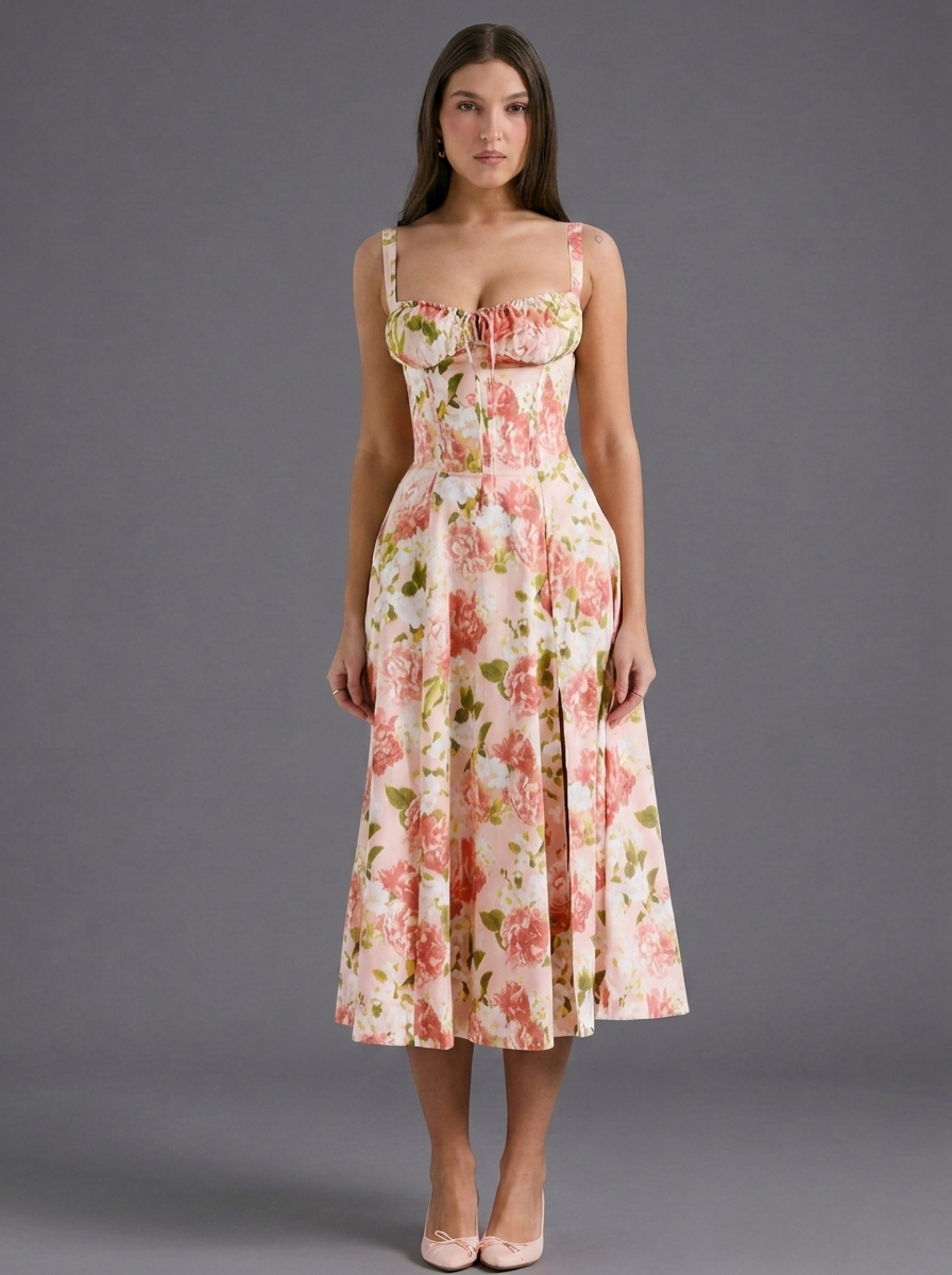 Floral Strappy Split Flared Summer Midi Dress