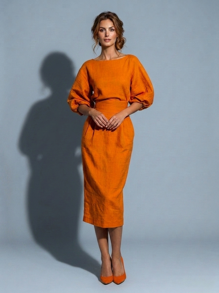 Orange Midi Dress Boat Neck Balloon Sleeve High Waist