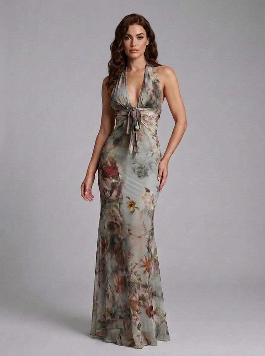 Vintage Floral Plunge Halter Chiffon Style Maxi Dress