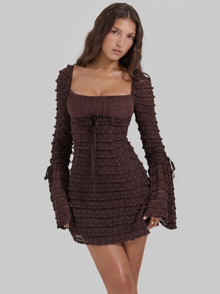 Brown Square Neck Long Sleeve Textured Mini Dress