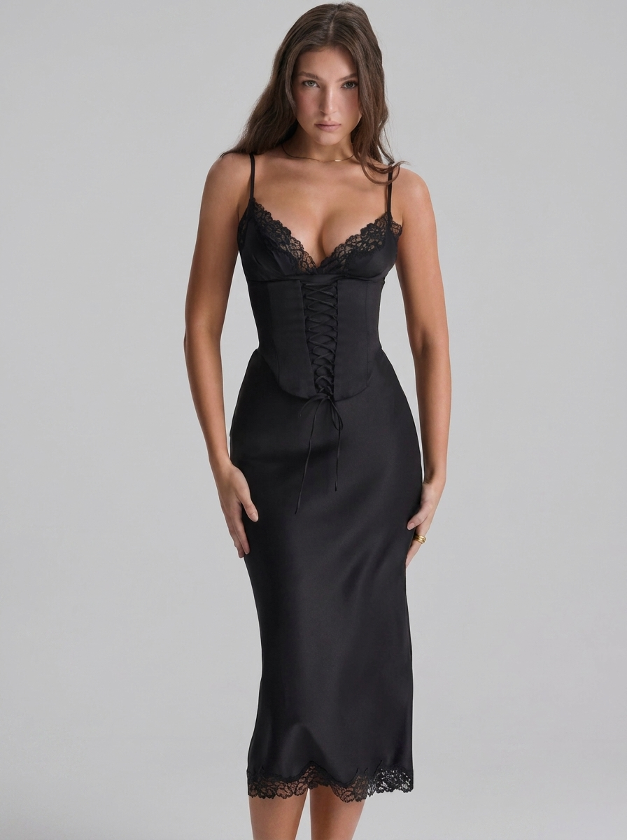 Strappy Lace Up Corset Black Satin Style Midi Dress