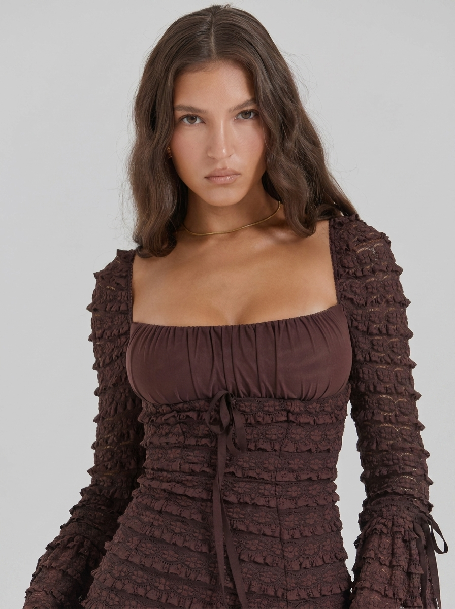 Brown Square Neck Long Sleeve Textured Mini Dress