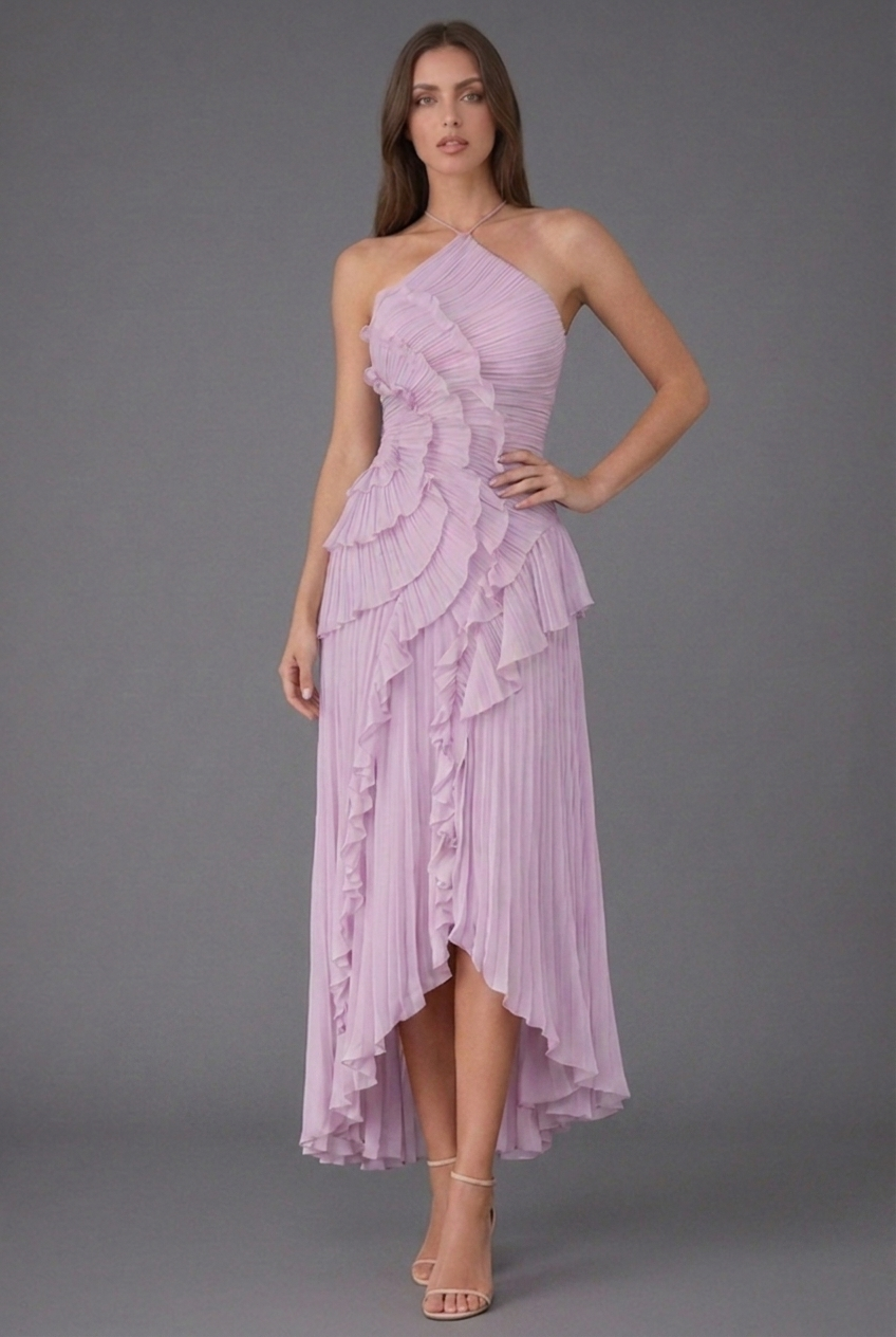pleated frill halter neck midi dress Halterneck Ruffle Pleated Midi Wedding Guest Dress