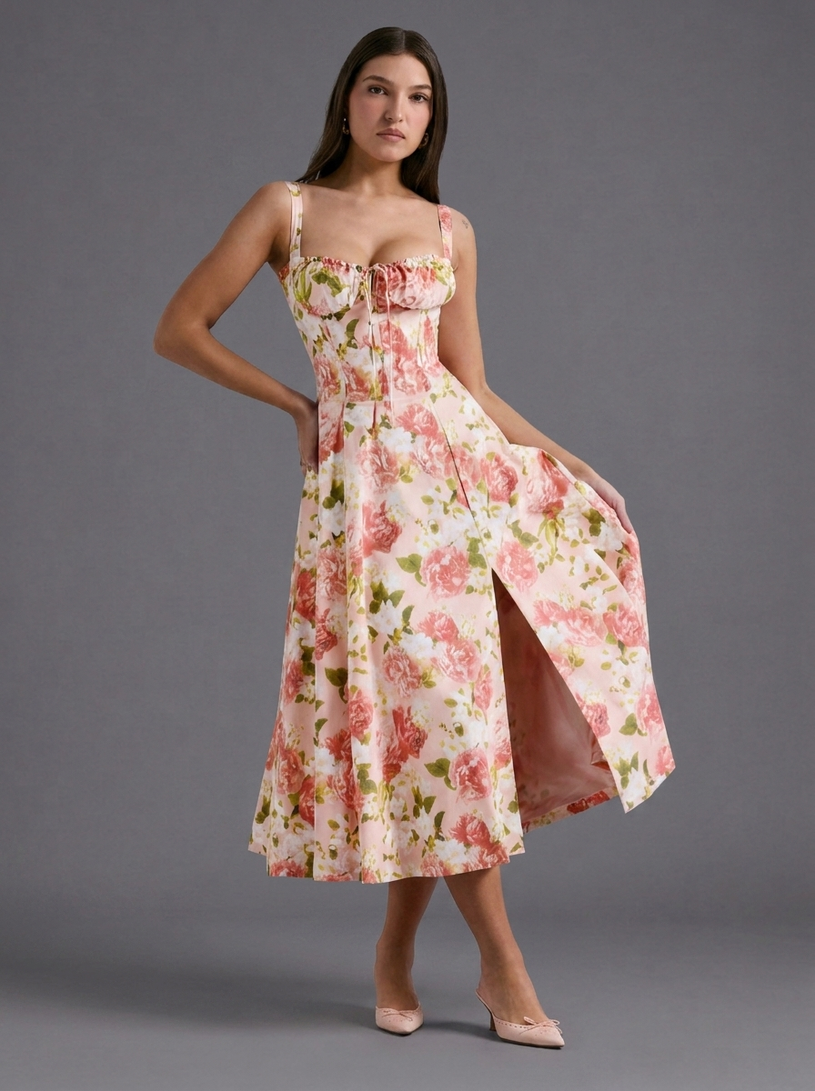 Floral Strappy Split Flared Summer Midi Dress