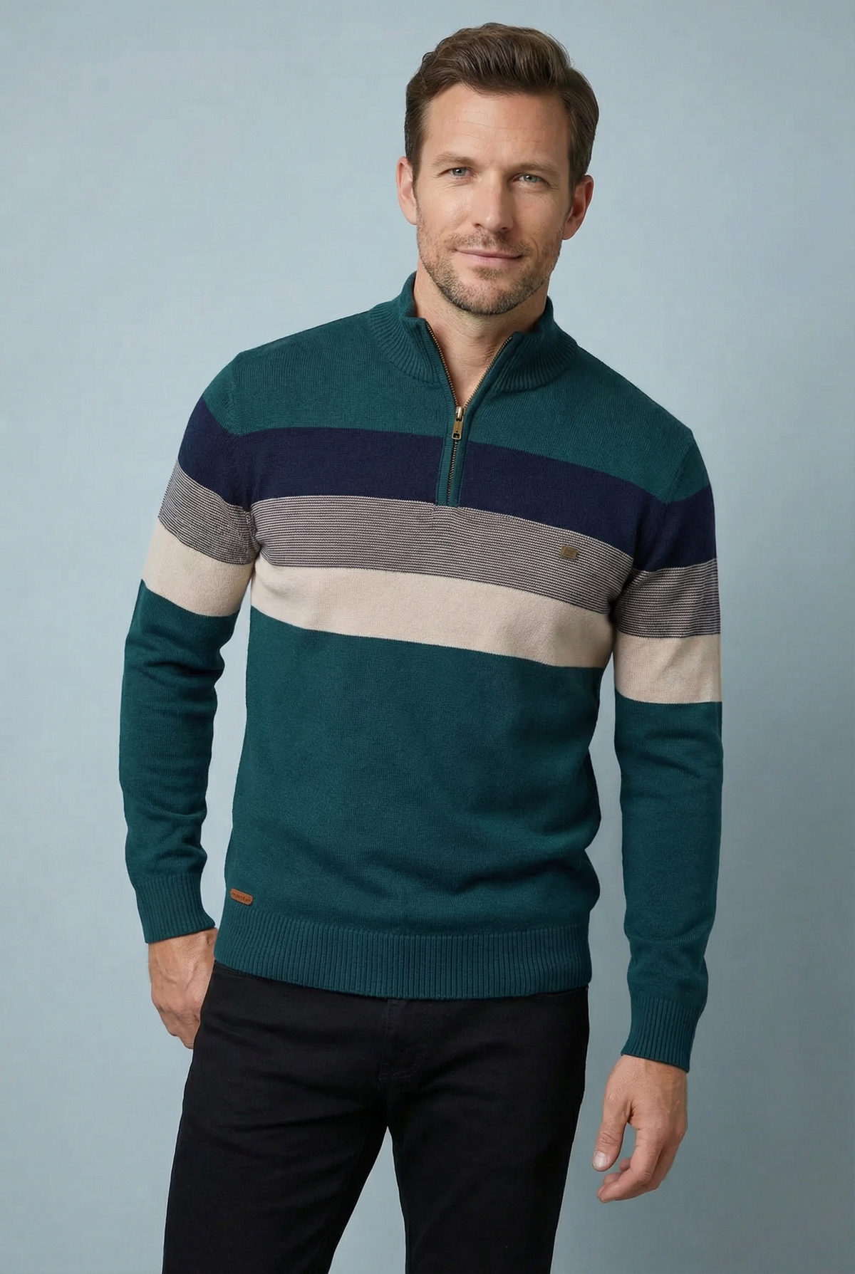 Men’s Striped Quarter Zip Sweater – Soft Knit Jumper