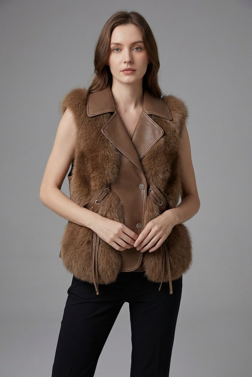 Women's Faux Fur Style Gilet – Oversized Lapel Lightweight Layering Vest