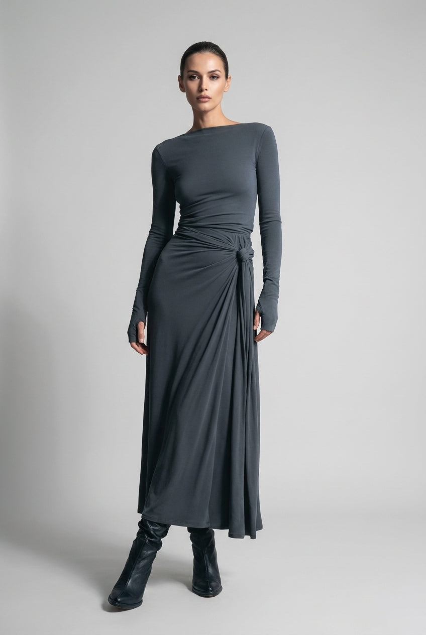 Boat Neck Long Sleeve Twist Front Maxi Occasion Dress