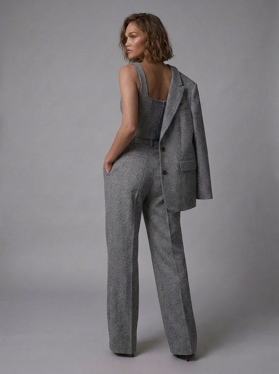 Blazer Corset Wide Leg Three Piece Trouser Suit Women