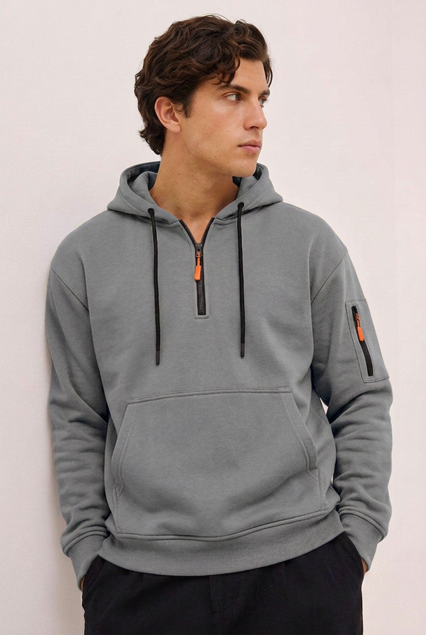 Quarter Zip Hooded Sweatshirt With Pocket Men