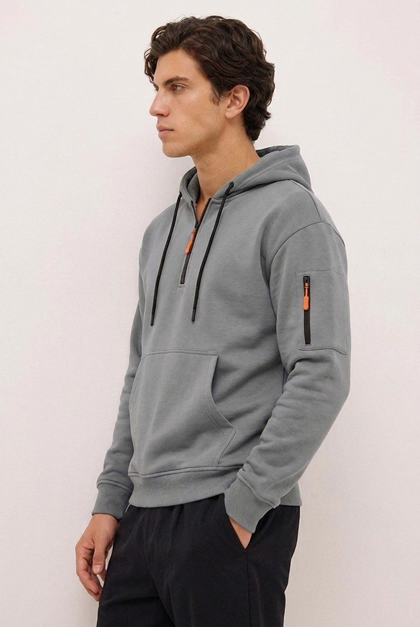 Quarter Zip Hooded Sweatshirt With Pocket Men