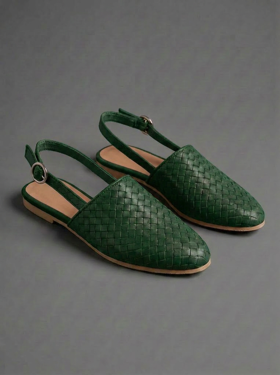 Woven Pointed Toe Leather Style Flat Mules Women