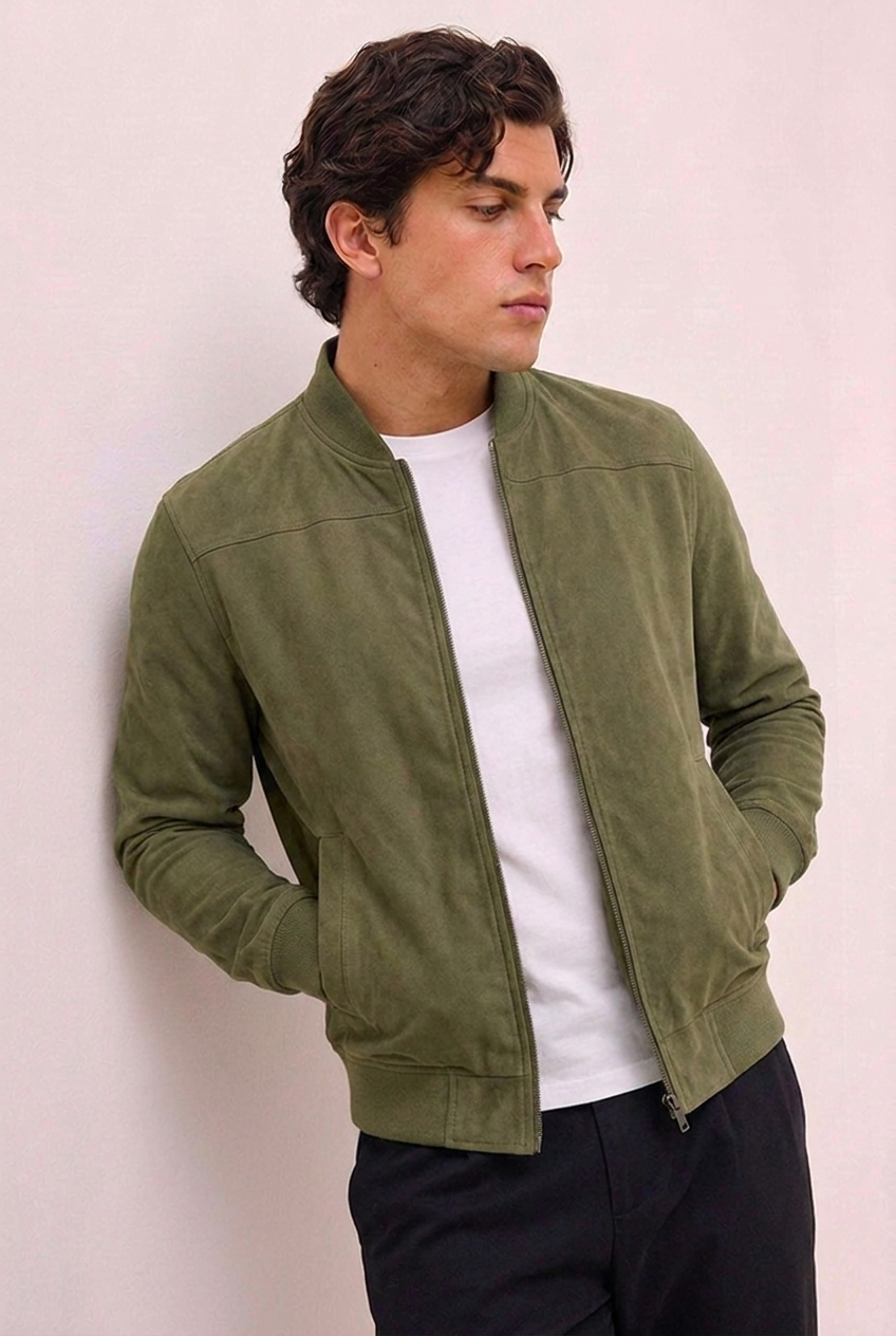 Suede Style Zip Front Ribbed Bomber Jacket Men