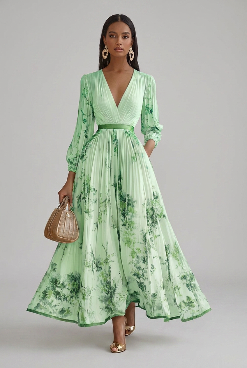 Maxi Wedding Guest Dress Floral V Neck Long Sleeve Pleated