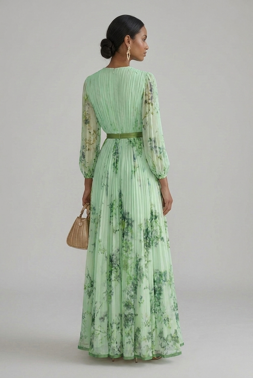Maxi Wedding Guest Dress Floral V Neck Long Sleeve Pleated