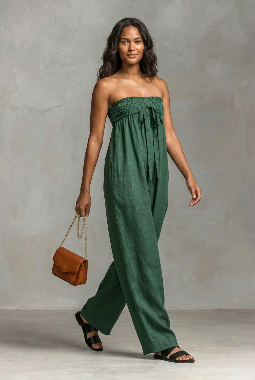 Strapless Bandeau Linen Style Wide Leg Jumpsuit Women